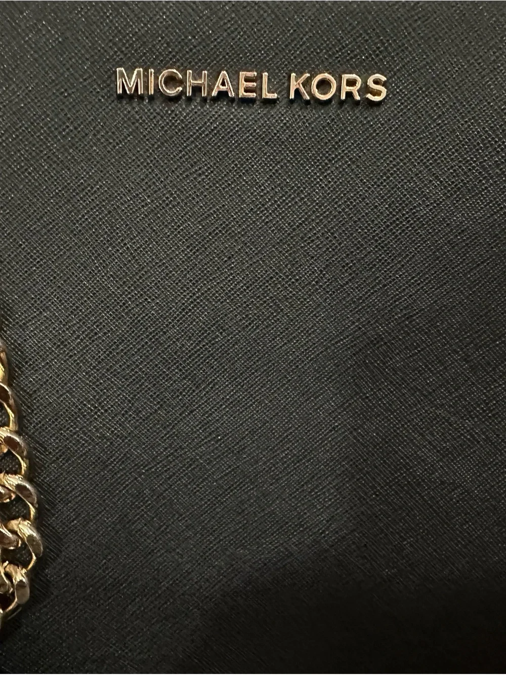 Michael Kors Black Leather Tote with Gold Chain and MK Charm